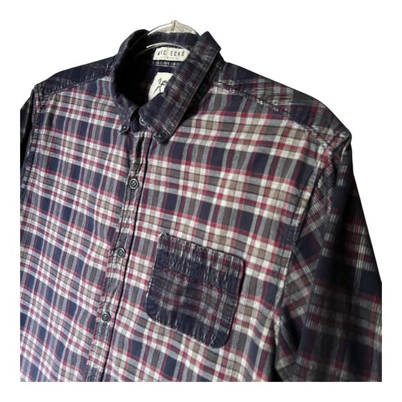 Marc Ecko Cut & Sew Mens Shirt Plaid Button Size M Corduroy Patch Streetwear - Picture 4 of 10